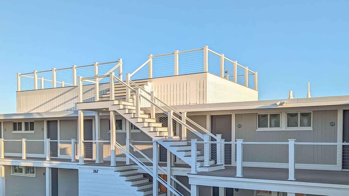 Falmouth Tides roof deck at golden hour